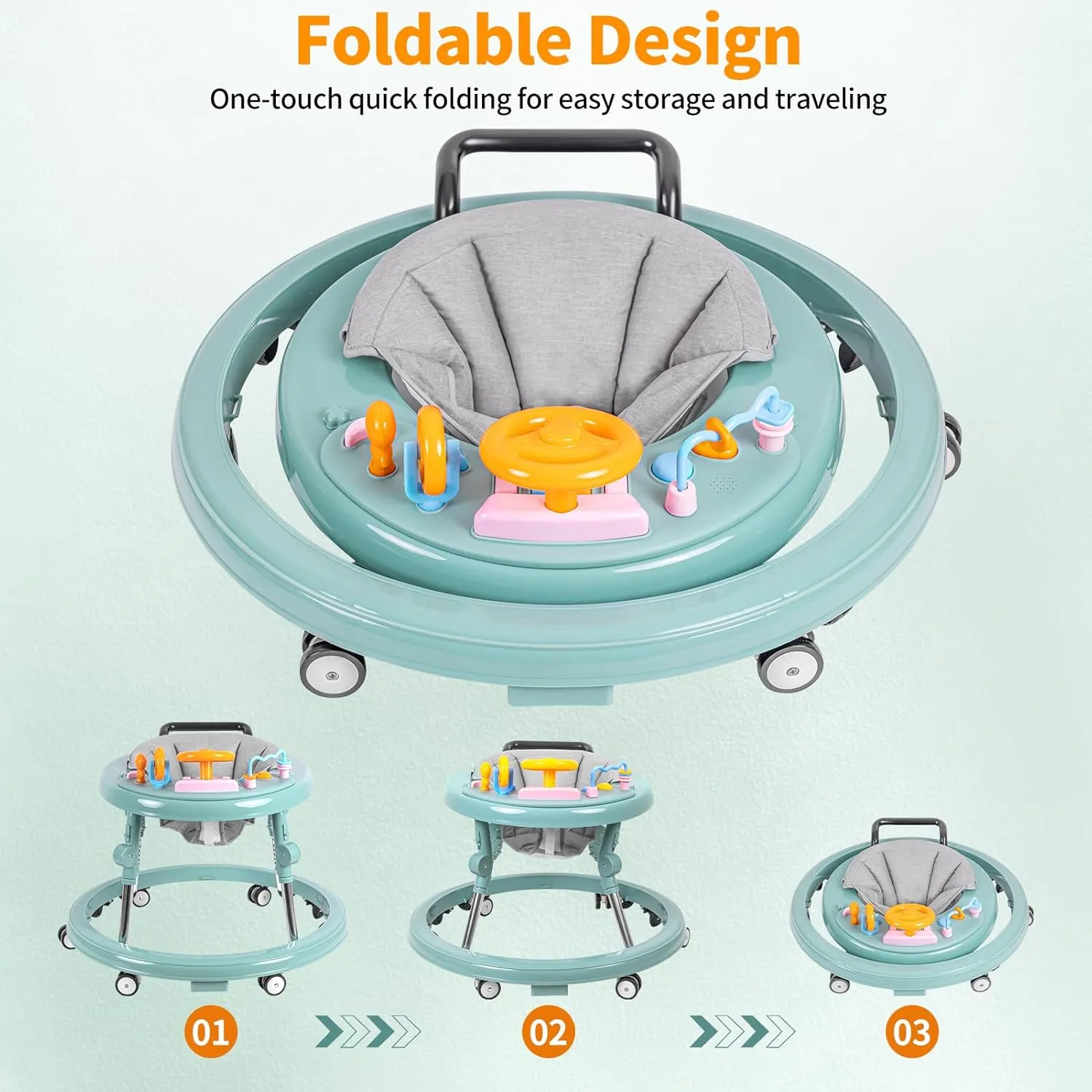 Baby Walker, Foldable 9-Gear Height Adjustable Baby Walker with Wheels, Infant Toddler Walker with Music Disk, Anti-Fall Baby Walkers and Activity Center with Foot Pads for Boys and Girls 6-24 Months
