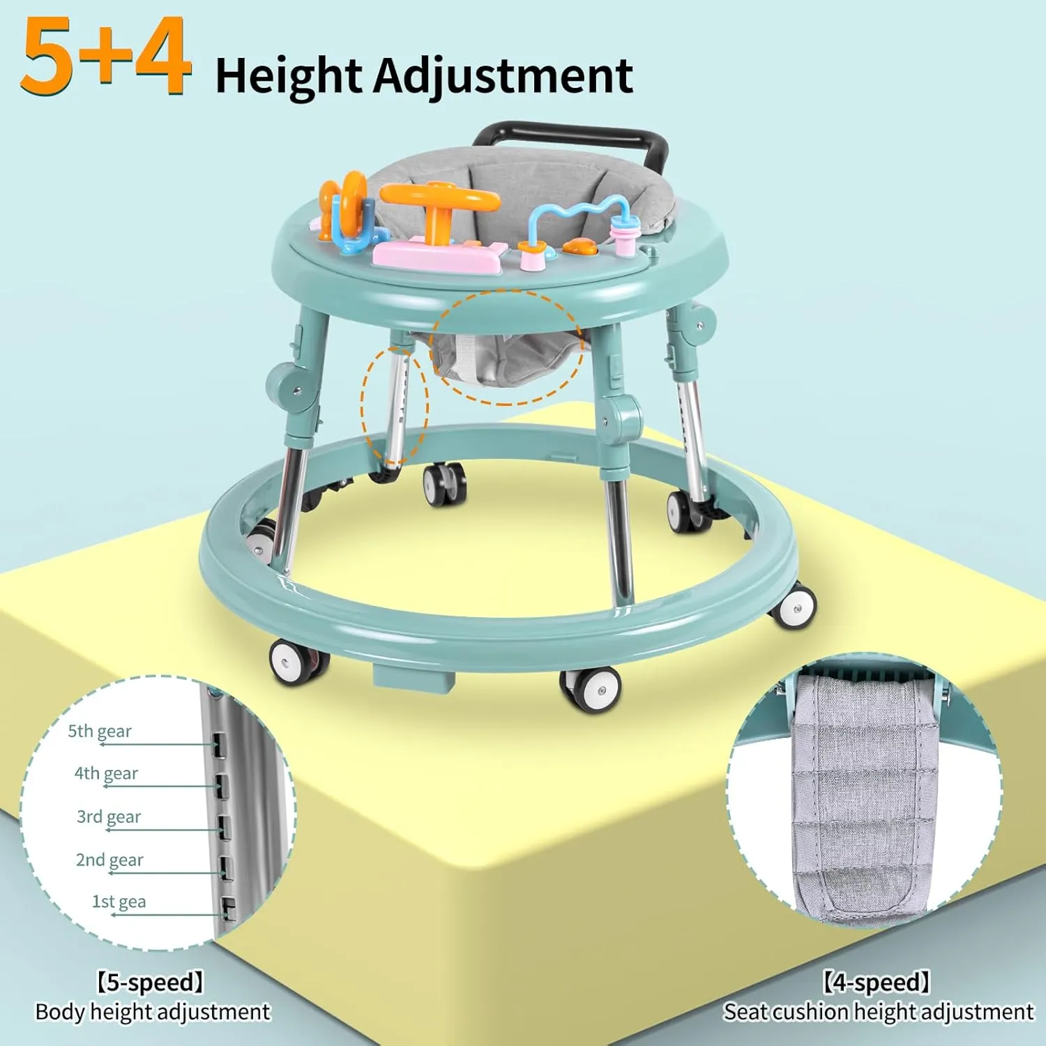 Baby Walker, Foldable 9-Gear Height Adjustable Baby Walker with Wheels, Infant Toddler Walker with Music Disk, Anti-Fall Baby Walkers and Activity Center with Foot Pads for Boys and Girls 6-24 Months