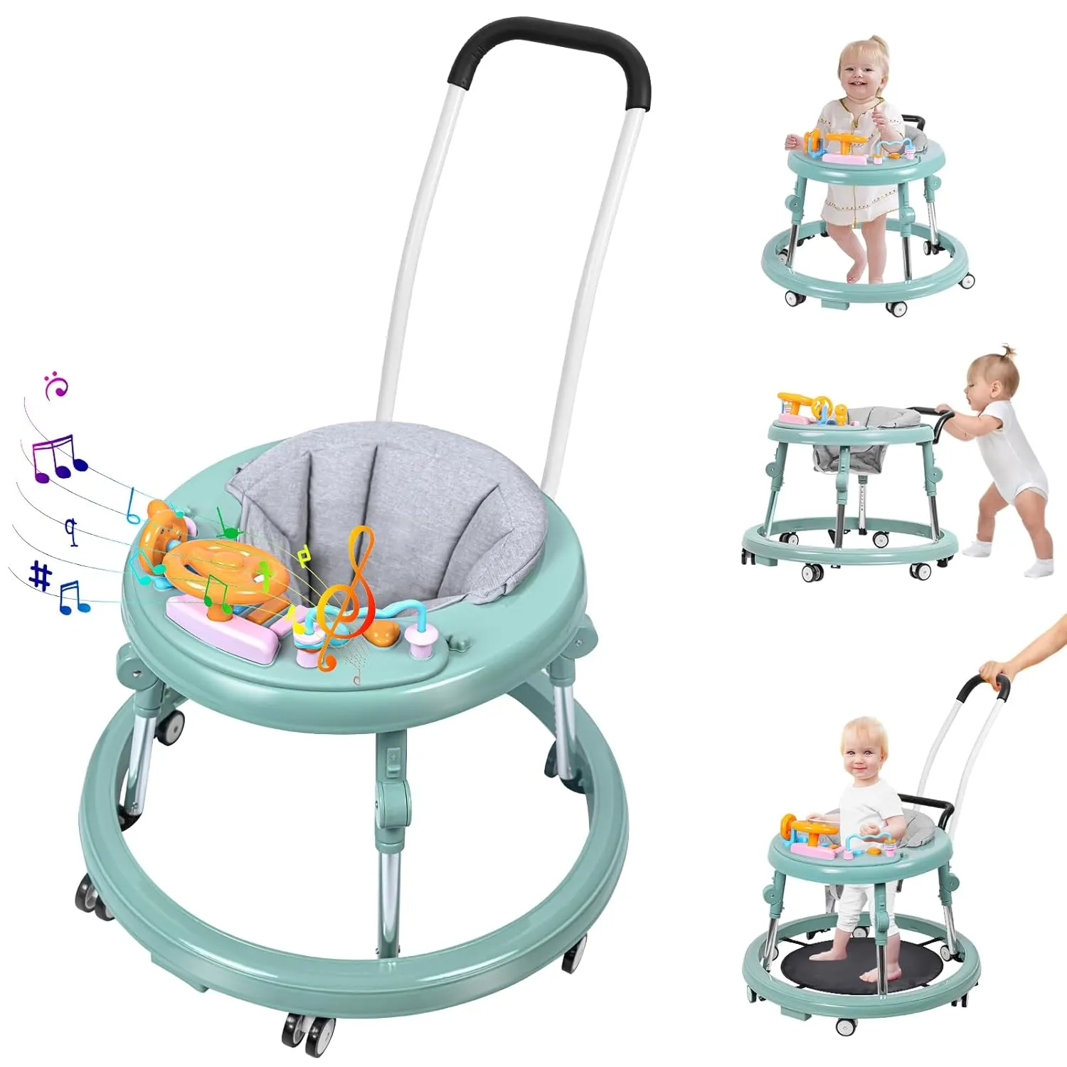 Baby Walker, Foldable 9-Gear Height Adjustable Baby Walker with Wheels, Infant Toddler Walker with Music Disk, Anti-Fall Baby Walkers and Activity Center with Foot Pads for Boys and Girls 6-24 Months