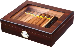 Bald Eagle Handmade Cigar Humidor, Cedar Cigar Desktop Box with Humidifier and Hygrometer, Glass Top for 25 Cigars (20-25 Cigars)