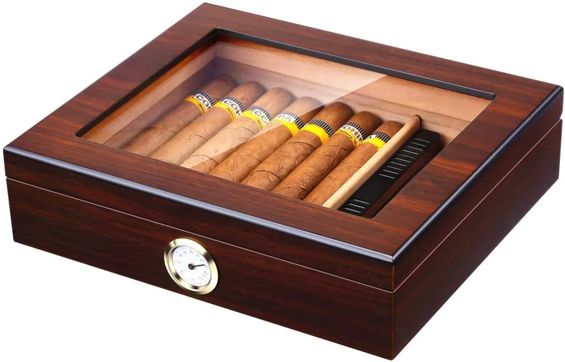 Bald Eagle Handmade Cigar Humidor, Cedar Cigar Desktop Box with Humidifier and Hygrometer, Glass Top for 25 Cigars (20-25 Cigars)