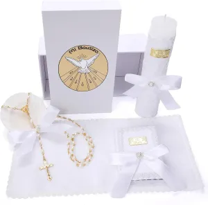 Baptism Candle Set for Boys and Girls,5 PCS Baptism Kit Catholic Candle,Baptismal Shell,Towel,Rosary,Bible for Baby Dedication Christening Gift,Velas para Primera Comunión De Niño Bautizo De Niña