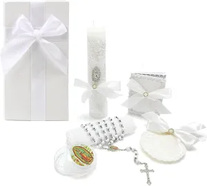 Baptism Candle Set for Boys Girls,White 5 PCS Baptism Kit Virgen De Guadalupe Catholic Candle,Baptismal Towel,Baptismal Shell,Rosary,Bible for Baby Dedication Christening Gift,Velas para Bautizo Niño