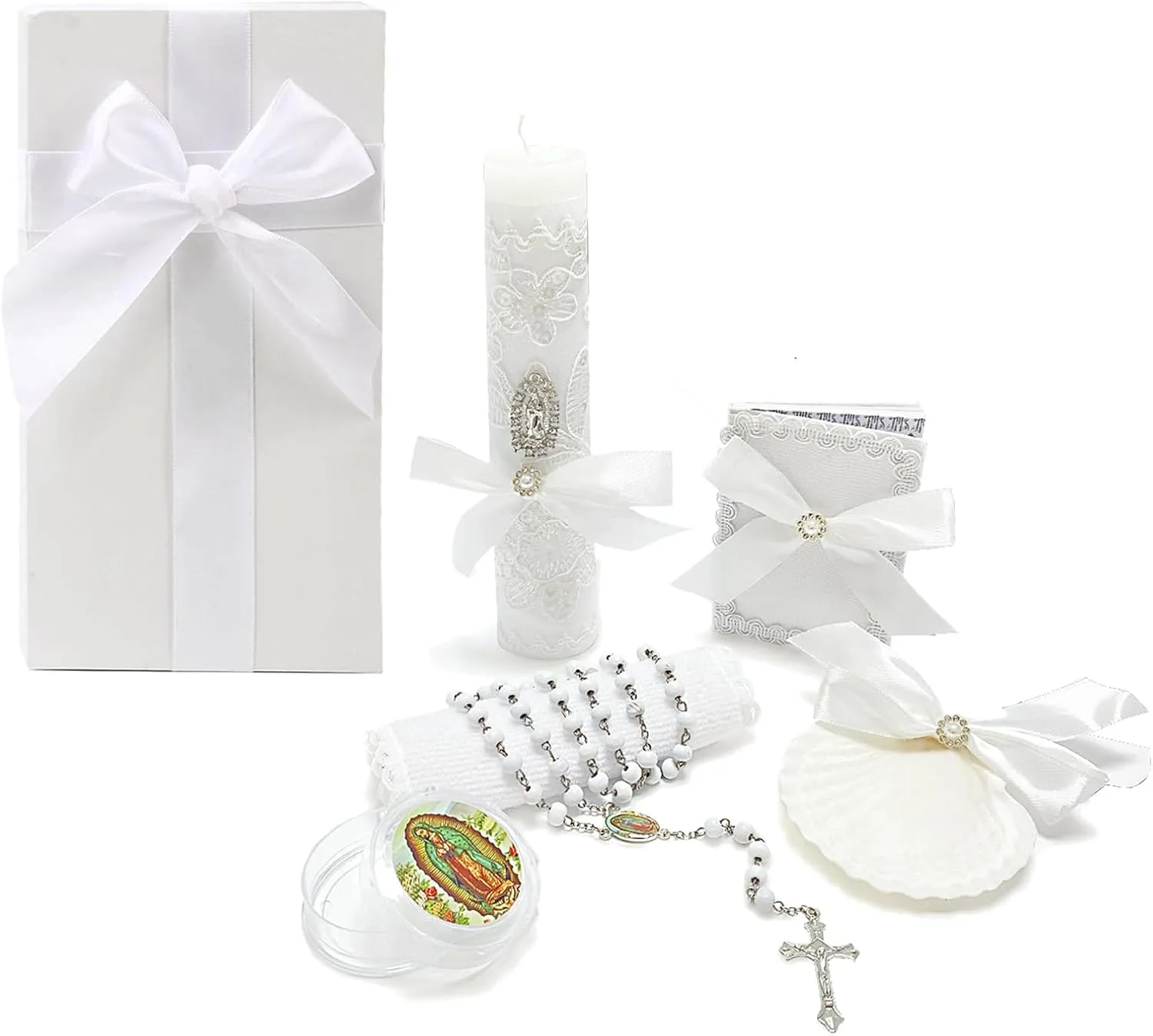 Baptism Candle Set for Boys Girls,White 5 PCS Baptism Kit Virgen De Guadalupe Catholic Candle,Baptismal Towel,Baptismal Shell,Rosary,Bible for Baby Dedication Christening Gift,Velas para Bautizo Niño