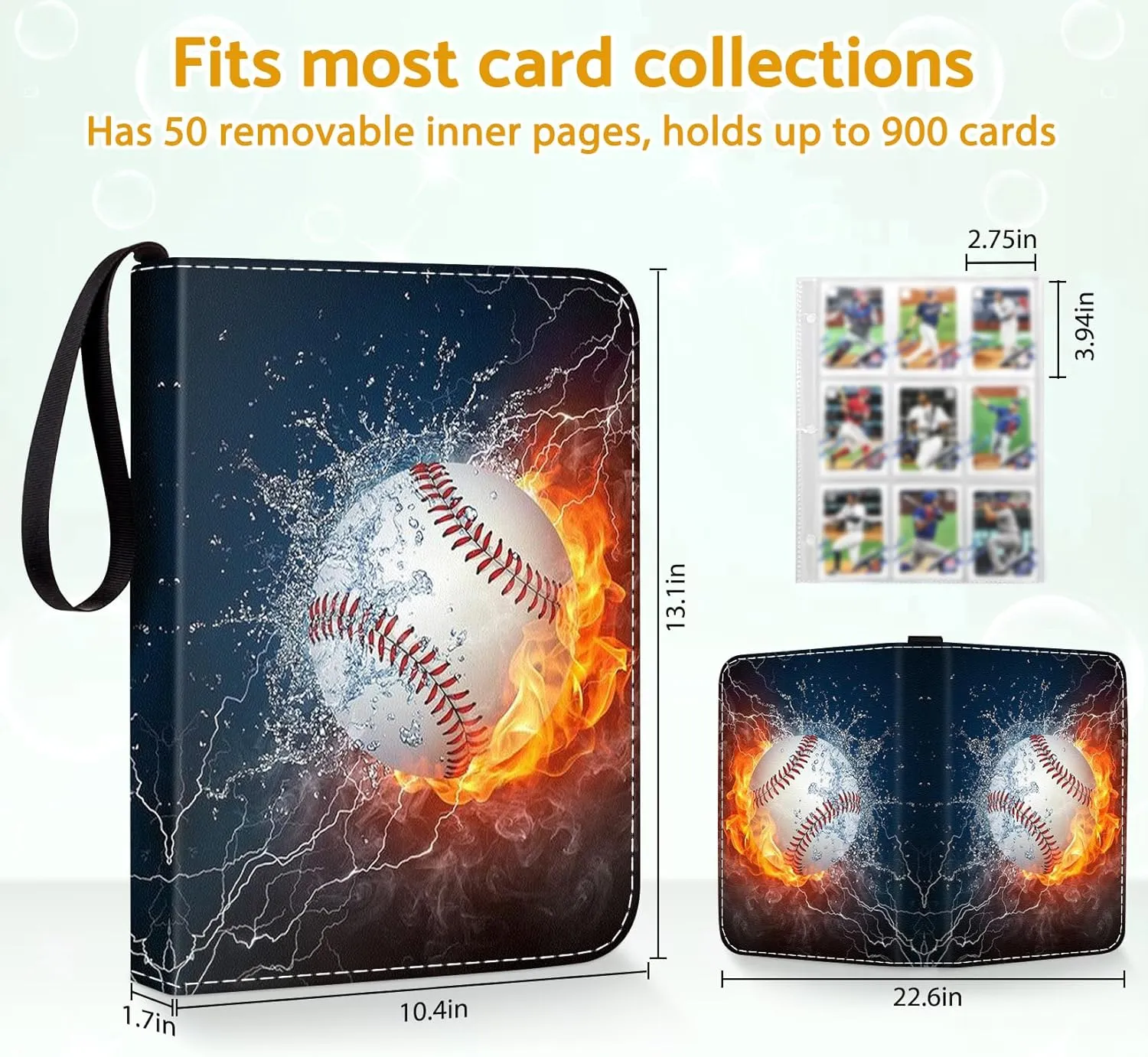 Baseball Card Binder Holder 900 Pockets with 50 Removable Sleeves, Portable Sports Trading Cards Binder Album Collector Organizer Protectors with Zipper,Waterproof