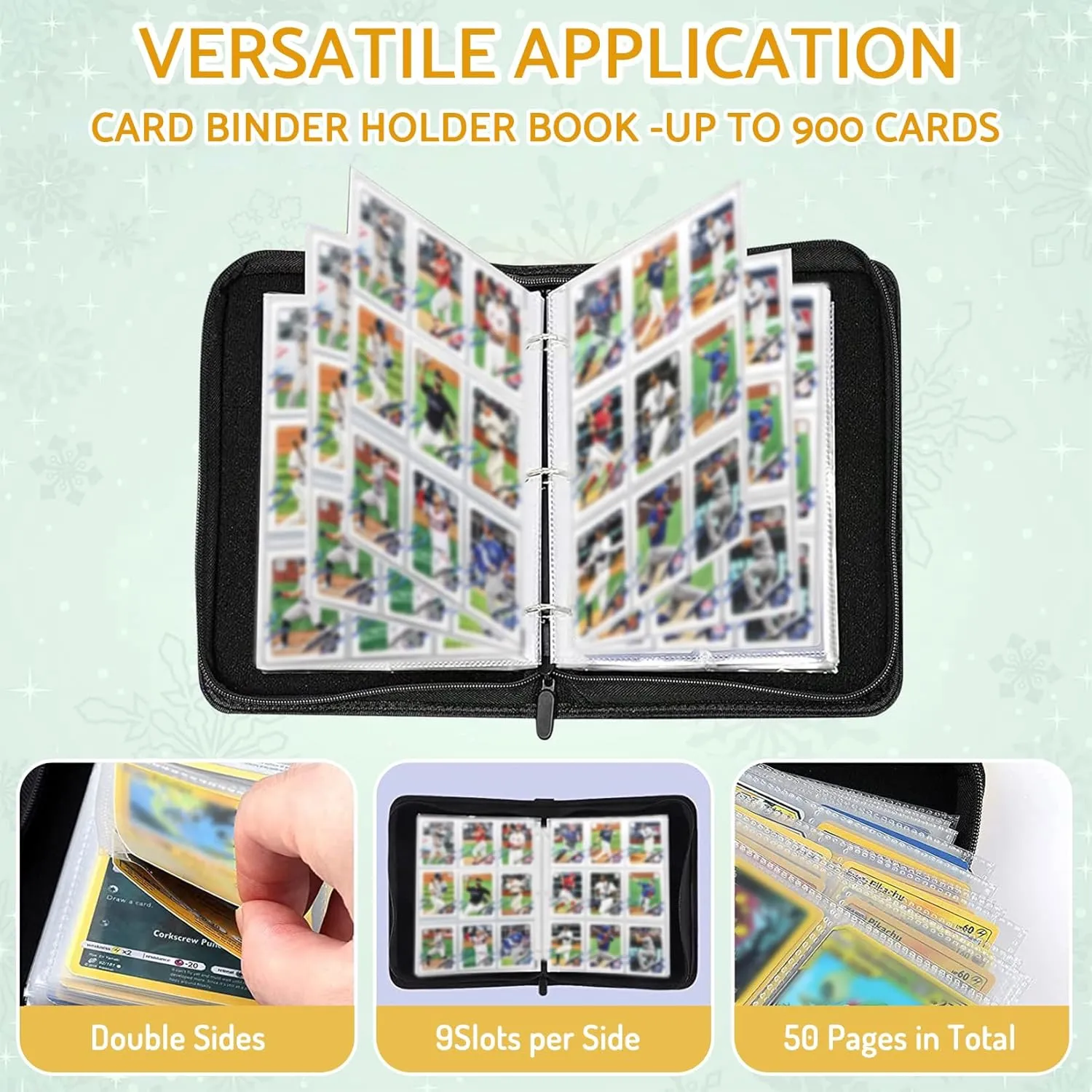 Baseball Card Binder Holder 900 Pockets with 50 Removable Sleeves, Portable Sports Trading Cards Binder Album Collector Organizer Protectors with Zipper,Waterproof