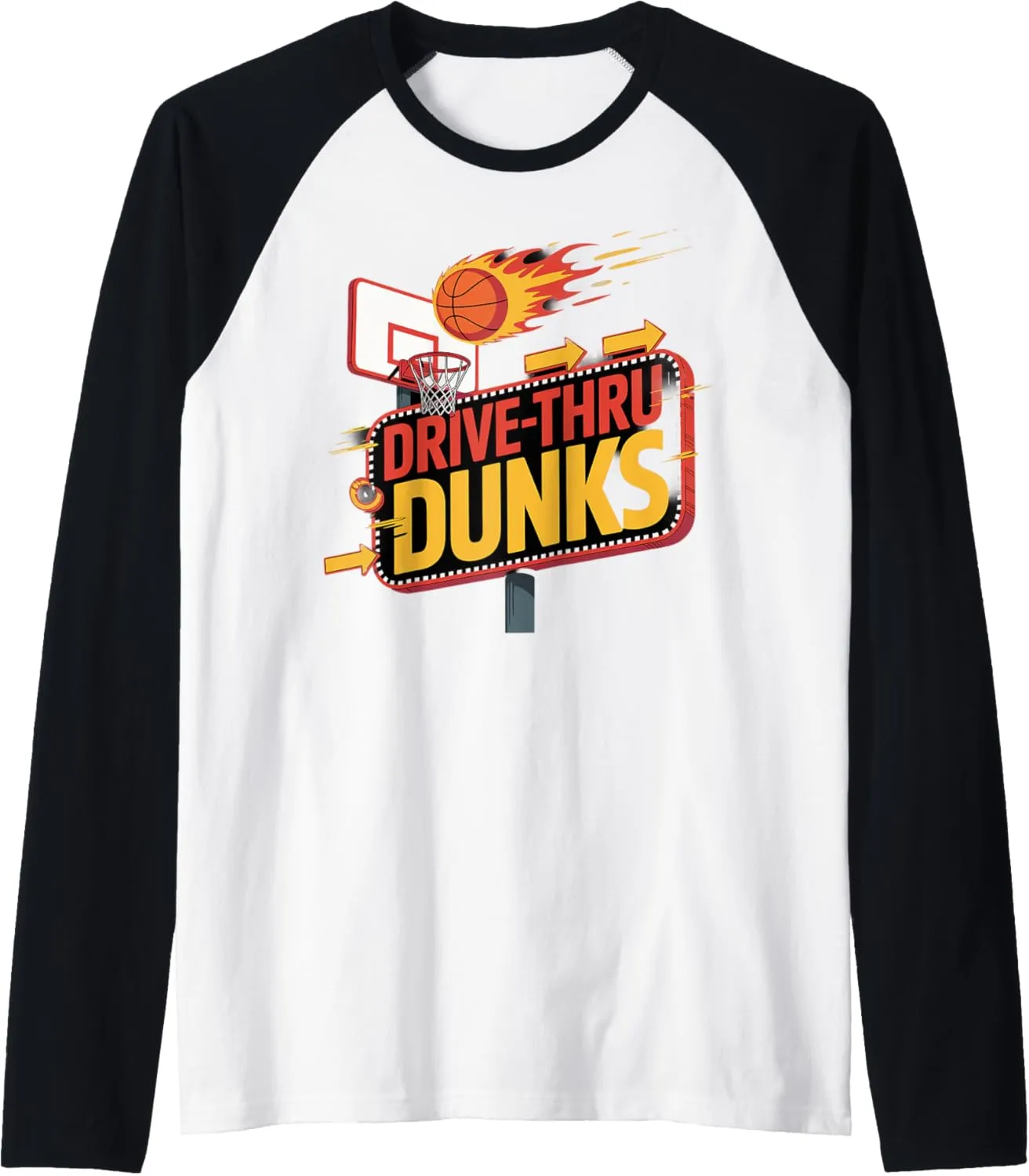 Basketball Drive Thru Dunks Retro Artwork Raglan Baseball Tee