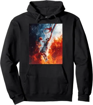 Basketball Dunk Fire And Ice Sports Art Pullover Hoodie