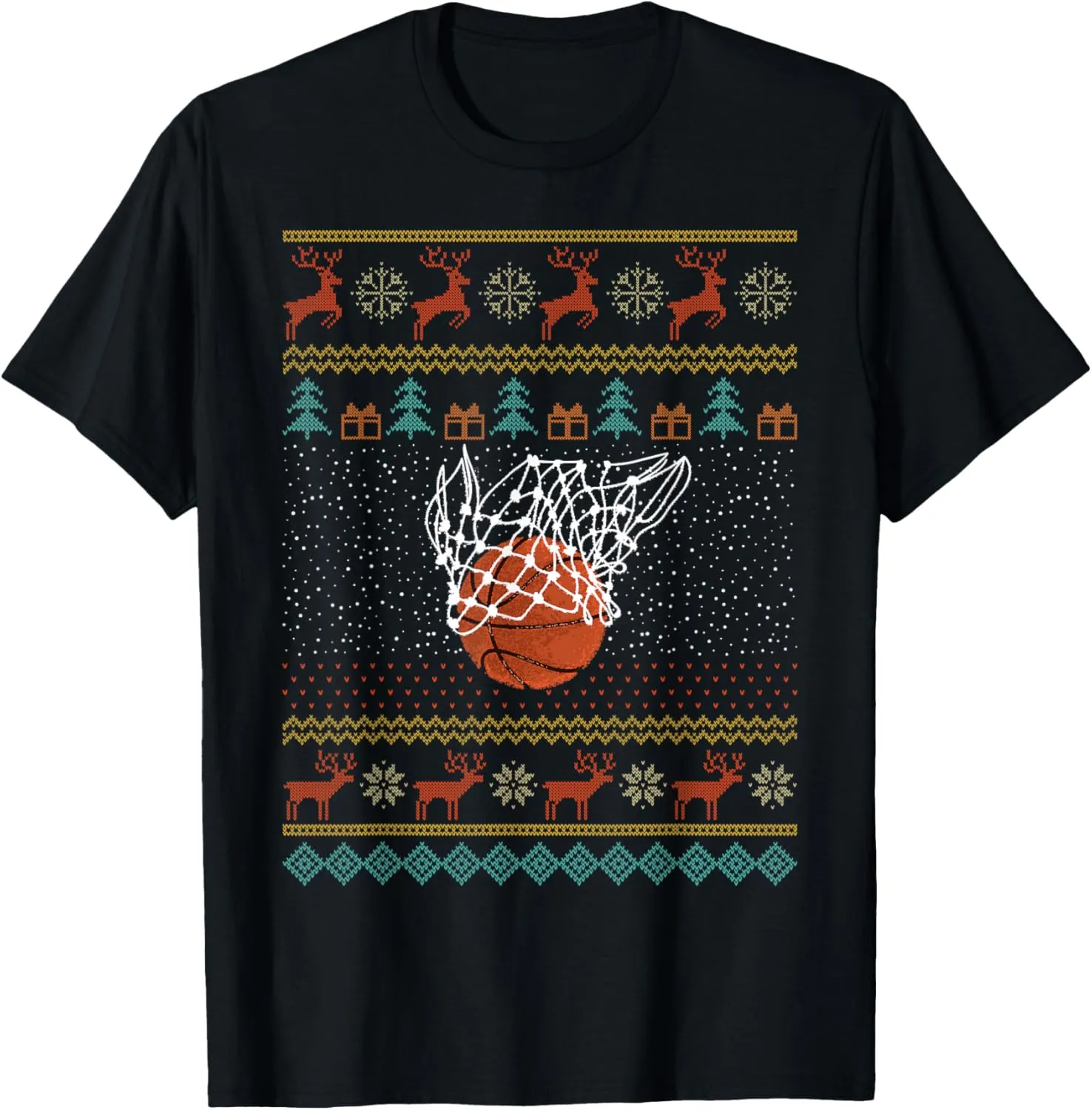 Basketball Reindeer Ugly Christmas Dunk Holiday Lights T-Shirt