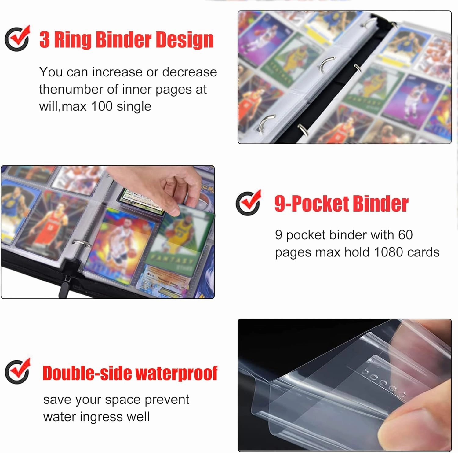 Basketball Card Binder,9 Pocket with 60 Sleeves up to 1080 Cards,Portable Waterproof Storage Book with Removable Clear Sleeves,Compatible with Basketball Cards 2024-2025
