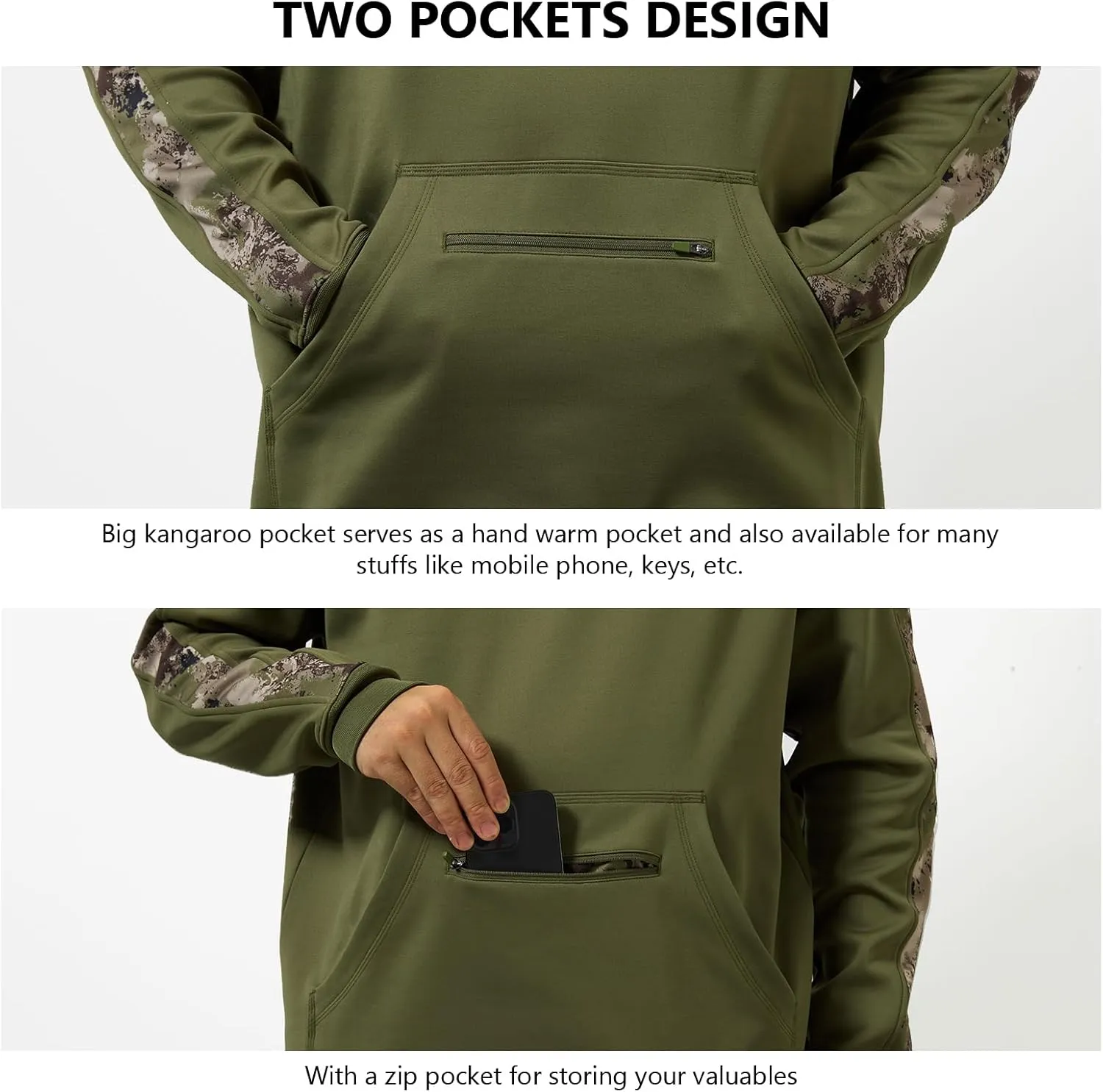 BASSDASH Men’s Hunting Fleece Hoodie Midweight Water Resistant Performance Camo Fishing Outdoor Pullover Sweatshirt FS29M