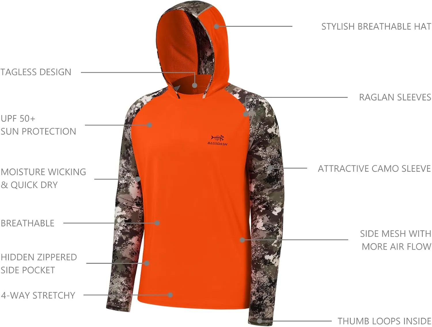 BASSDASH Men’s UPF 50 Performance Fishing Shirt Cooling Hoodie Camo Long Sleeve FS17M