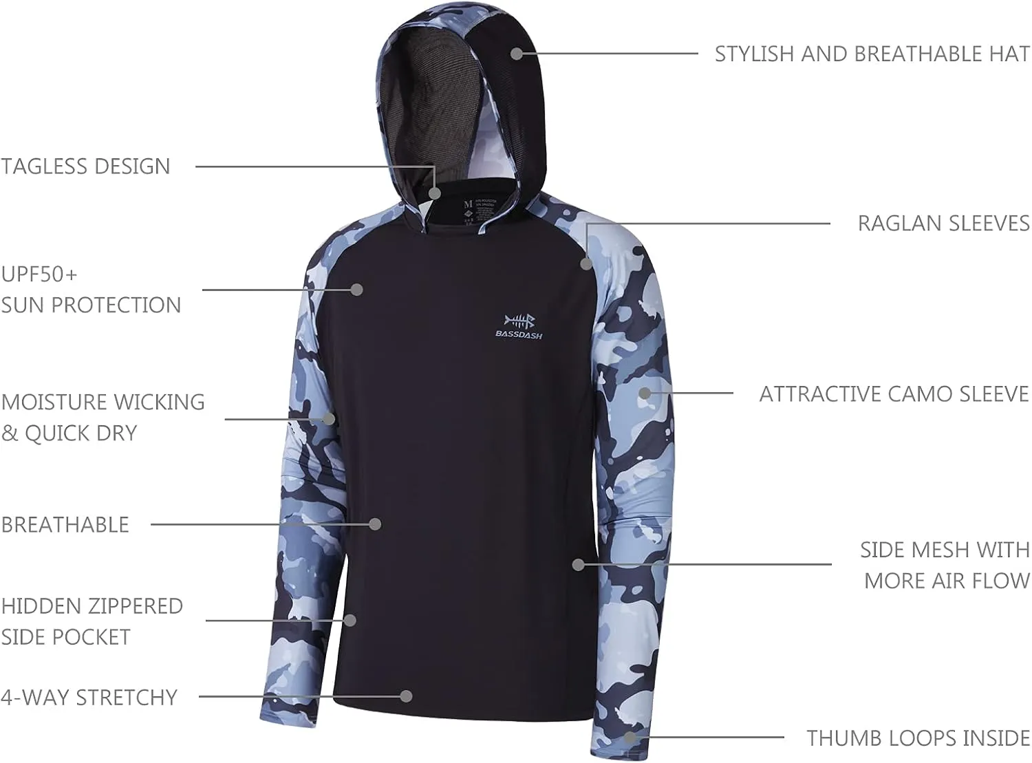 BASSDASH Men’s UPF 50 Performance Fishing Shirt Cooling Hoodie Camo Long Sleeve FS17M