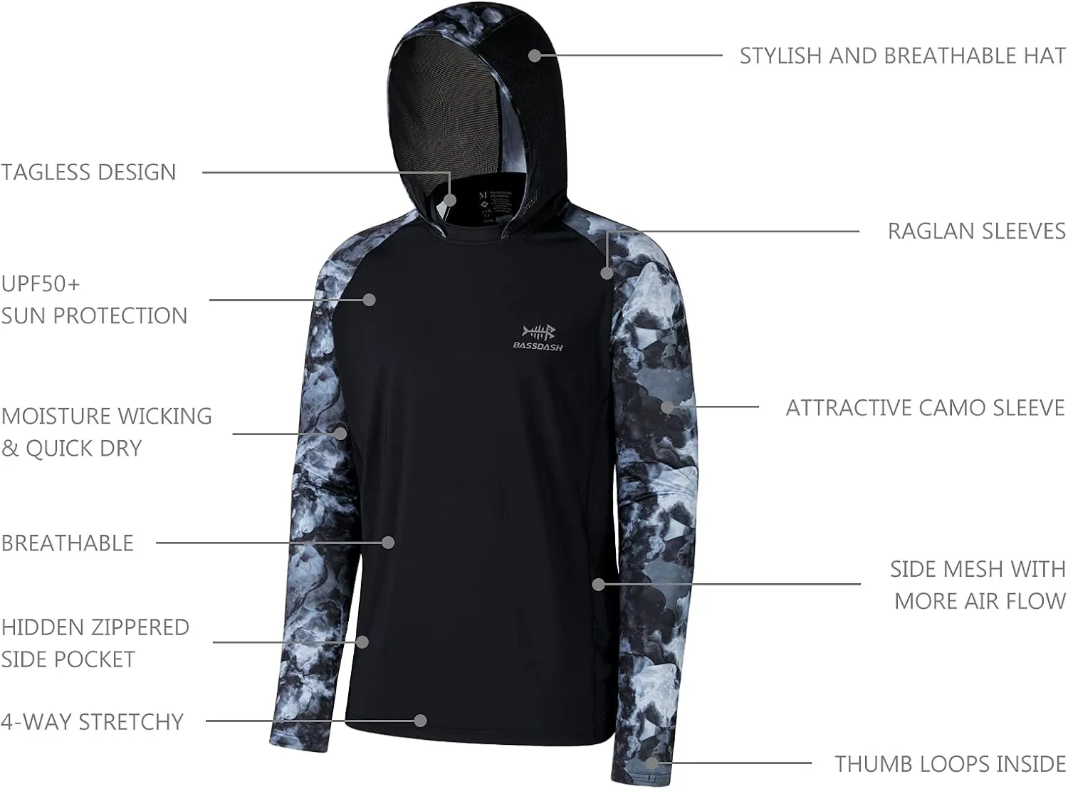 BASSDASH Men’s UPF 50 Performance Fishing Shirt Cooling Hoodie Camo Long Sleeve FS17M