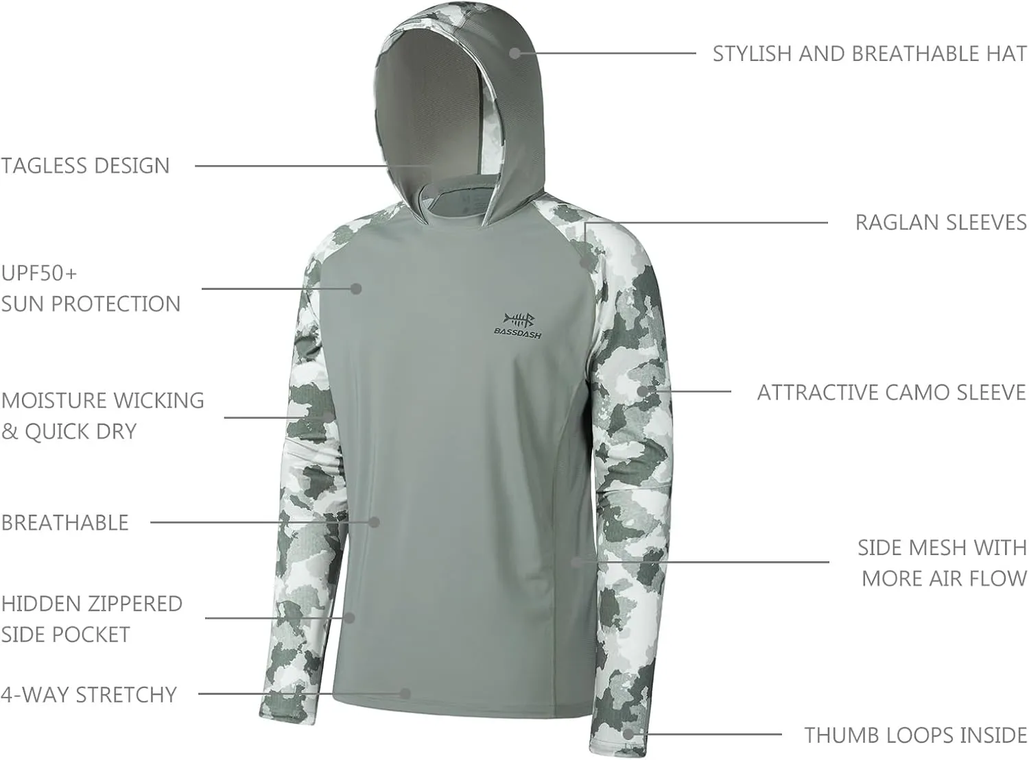 BASSDASH Men’s UPF 50 Performance Fishing Shirt Cooling Hoodie Camo Long Sleeve FS17M
