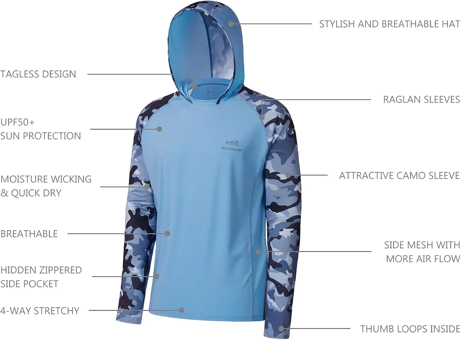 BASSDASH Men’s UPF 50 Performance Fishing Shirt Cooling Hoodie Camo Long Sleeve FS17M