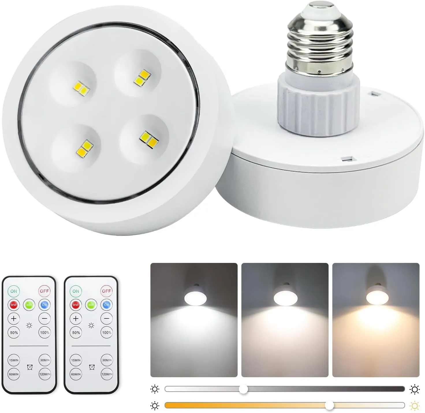 Battery Operated Light Bulbs Sets of 2, LED Puck Lights with Remote Control, AA Battery Bulb with Memory Function, dimmable E26 Screw in Type for Non Electric Pendant Light and Wall Sconce