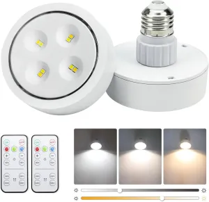 Battery Operated Light Bulbs Sets of 2, LED Puck Lights with Remote Control, AA Battery Bulb with Memory Function, dimmable E26 Screw in Type for Non Electric Pendant Light and Wall Sconce