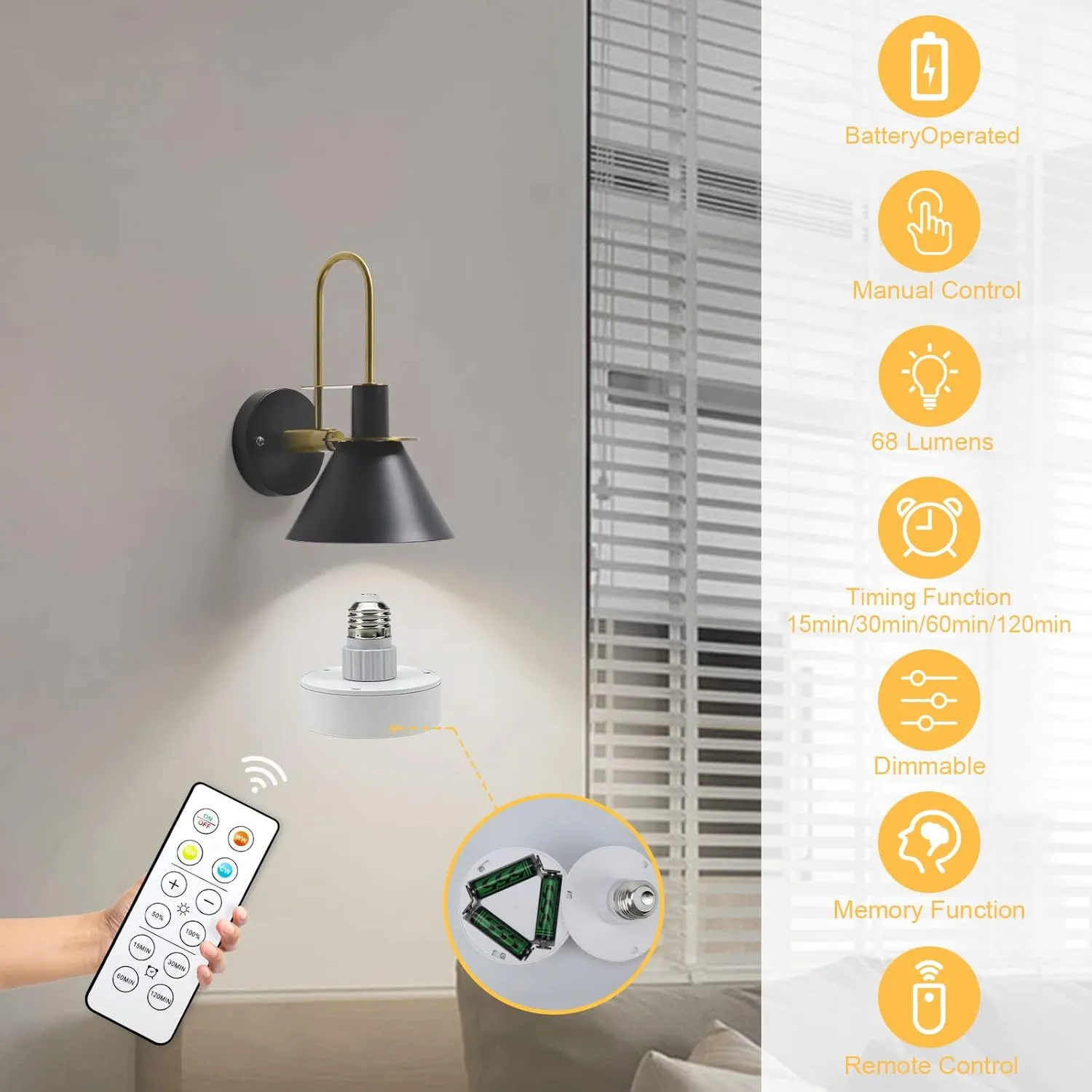 Battery Operated Light Bulbs Sets of 2, LED Puck Lights with Remote Control, AA Battery Bulb with Memory Function, dimmable E26 Screw in Type for Non Electric Pendant Light and Wall Sconce
