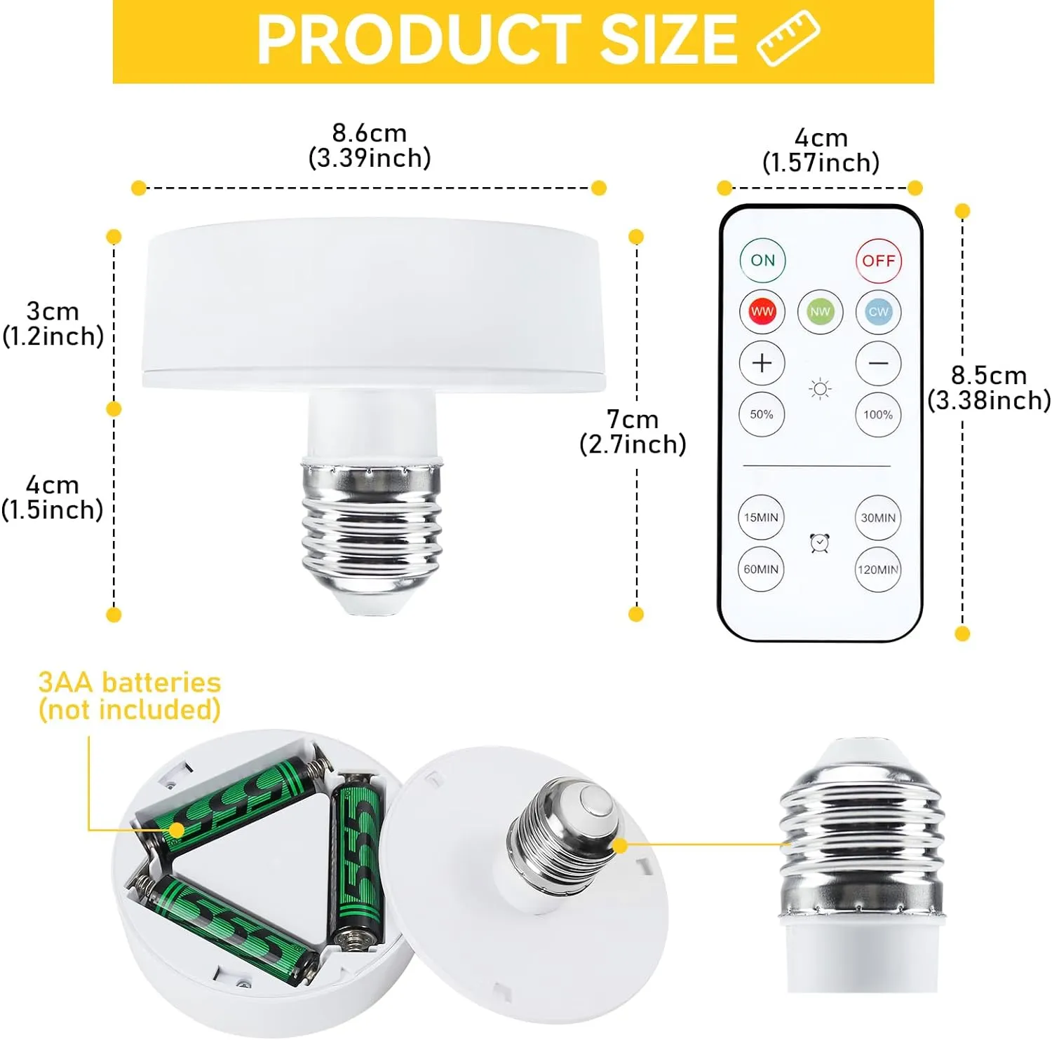 Battery Operated Light Bulbs Sets of 2, LED Puck Lights with Remote Control, AA Battery Bulb with Memory Function, dimmable E26 Screw in Type for Non Electric Pendant Light and Wall Sconce
