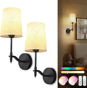 Battery Operated Wall Sconces Set of 2, Black Rechargeable Wall Lights with 15 RGB Dimmable Detachable Bulbs and Remote, Wireless Battery Powered LED Wall Lamp for Living Room Bedroom