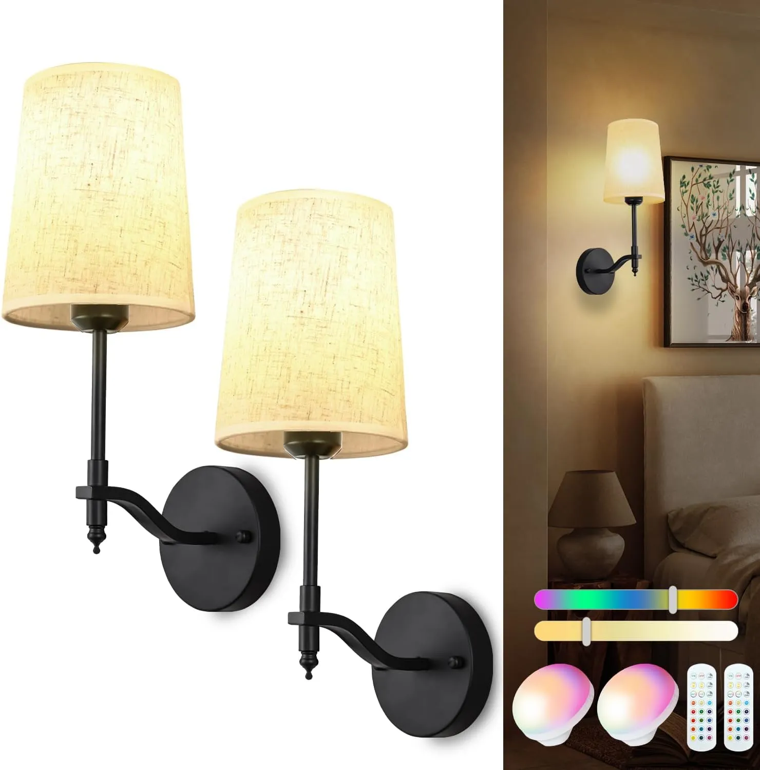 Battery Operated Wall Sconces Set of 2, Black Rechargeable Wall Lights with 15 RGB Dimmable Detachable Bulbs and Remote, Wireless Battery Powered LED Wall Lamp for Living Room Bedroom