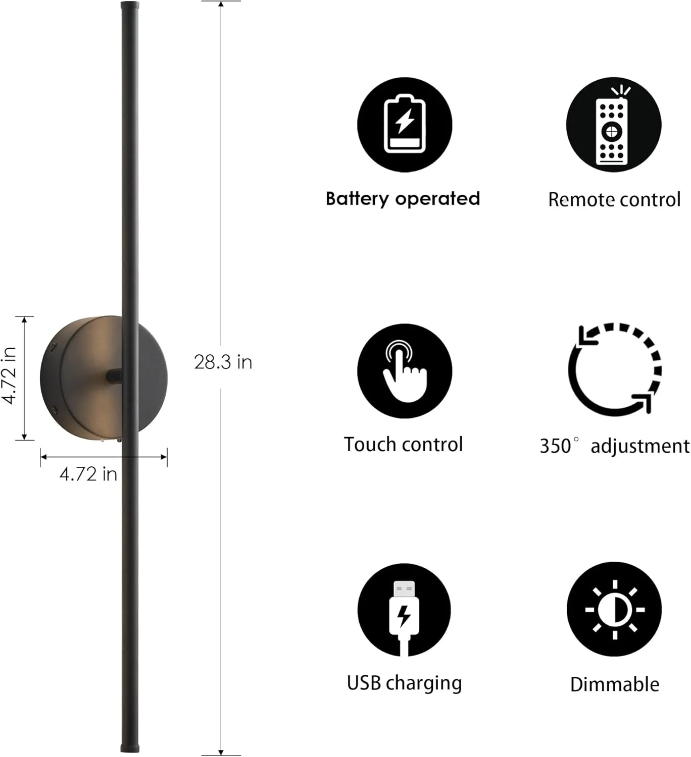 Battery Operated Wall Sconces with Remote Control, Dimmable Wall Sconces Set of Two, 350°Rotate, 3000K LED Black Wireless Wall Light for Living Room, Bedroom,Hallway, 28.3 Inch (2 Pack)