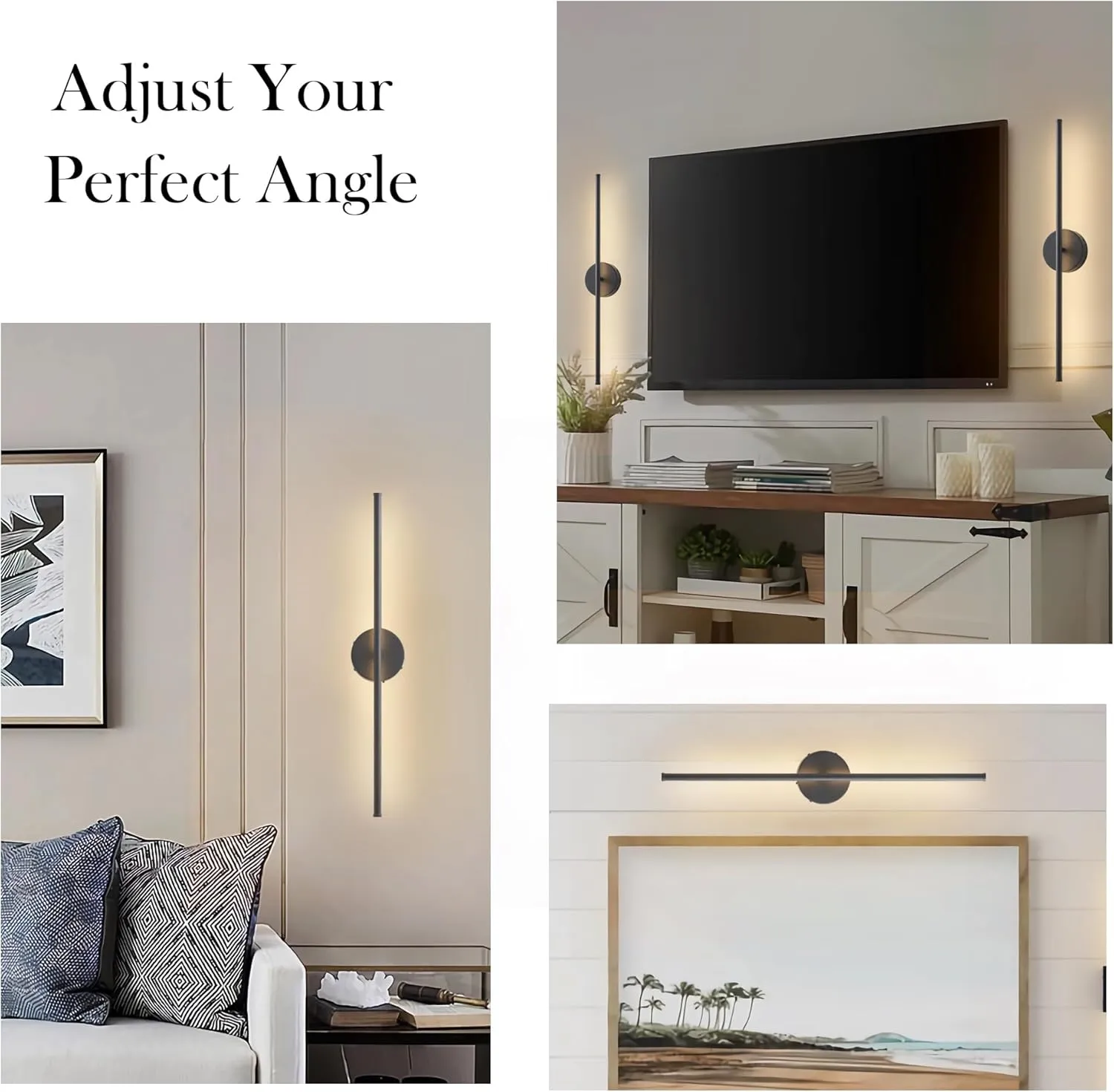 Battery Operated Wall Sconces with Remote Control, Dimmable Wall Sconces Set of Two, 350°Rotate, 3000K LED Black Wireless Wall Light for Living Room, Bedroom,Hallway, 28.3 Inch (2 Pack)