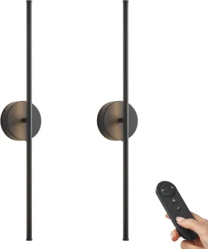 Battery Operated Wall Sconces with Remote Control, Dimmable Wall Sconces Set of Two, 350°Rotate, 3000K LED Black Wireless Wall Light for Living Room, Bedroom,Hallway, 28.3 Inch (2 Pack)