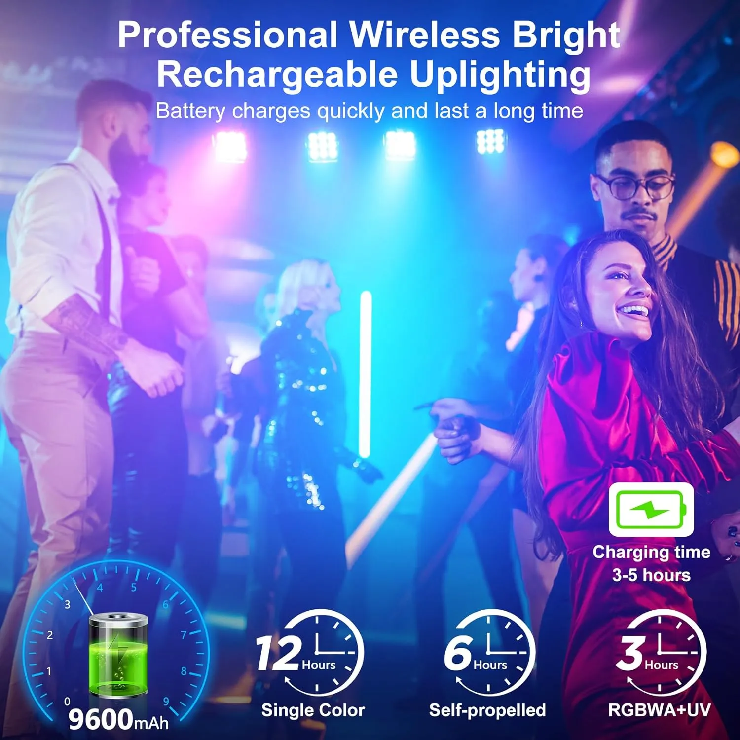 Battery Powered Stage Par Lights, 9X18W RGBW UV, Remote DMX Control, for Church, DJ, Wedding (16 Packs)