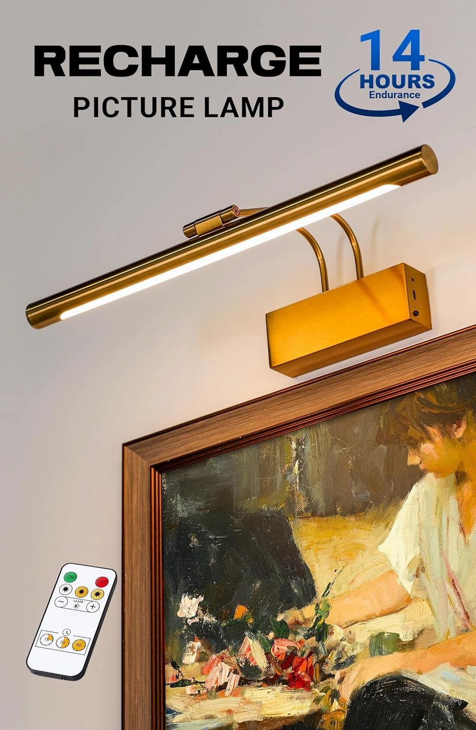 Battery Operated Picture Light for Wall 16 inch Wireless Art Lighting for Paintings Gold Brass Dimmable Gallery Light Rechargeable Picture Frame Light with IR Remote Control