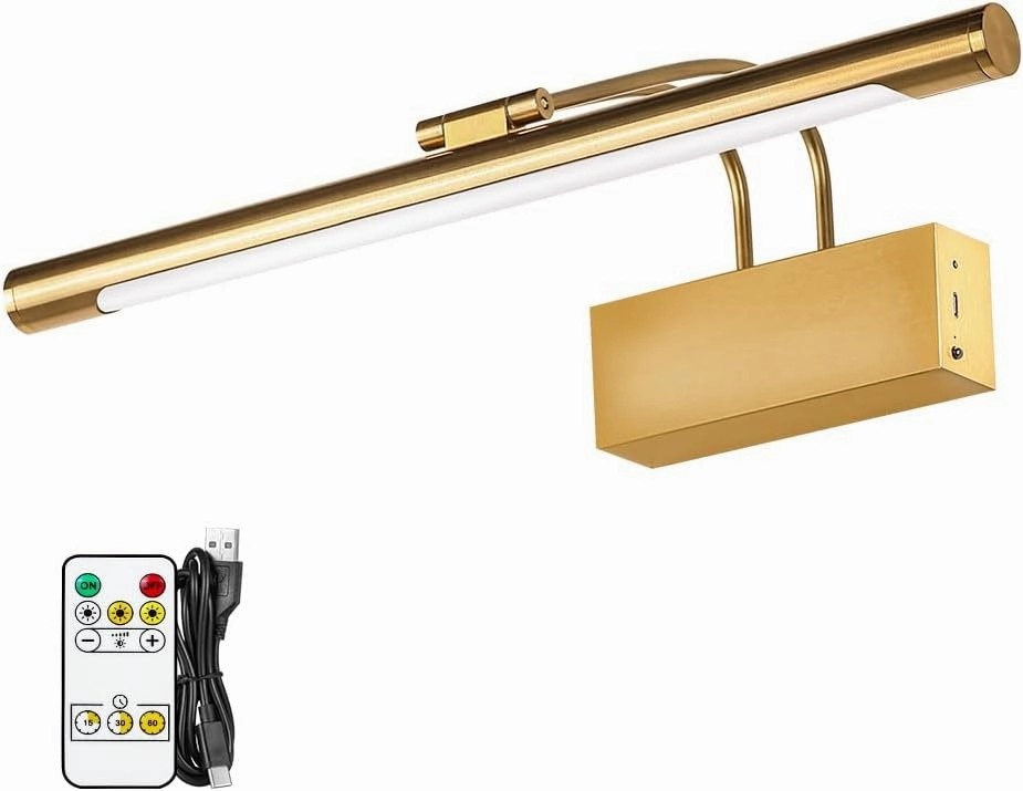 Battery Operated Picture Light for Wall 16 inch Wireless Art Lighting for Paintings Gold Brass Dimmable Gallery Light Rechargeable Picture Frame Light with IR Remote Control