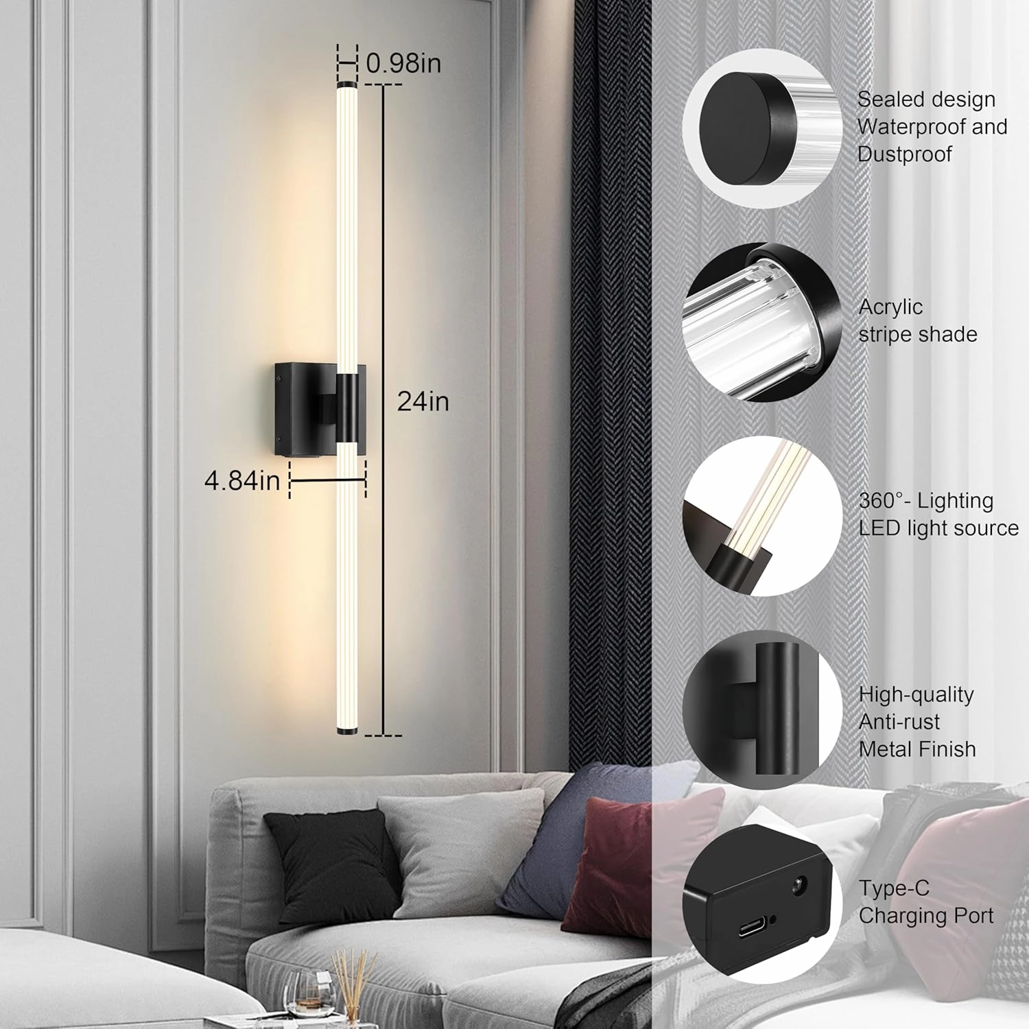 Battery Operated Wall Sconces Set of 2, Rechargeable Wall Light with Remote Control, Dimmable 3 Color LED Wireless Wall Lamp, 360° Full Lighting, Timer & Memory Function, 24" Black
