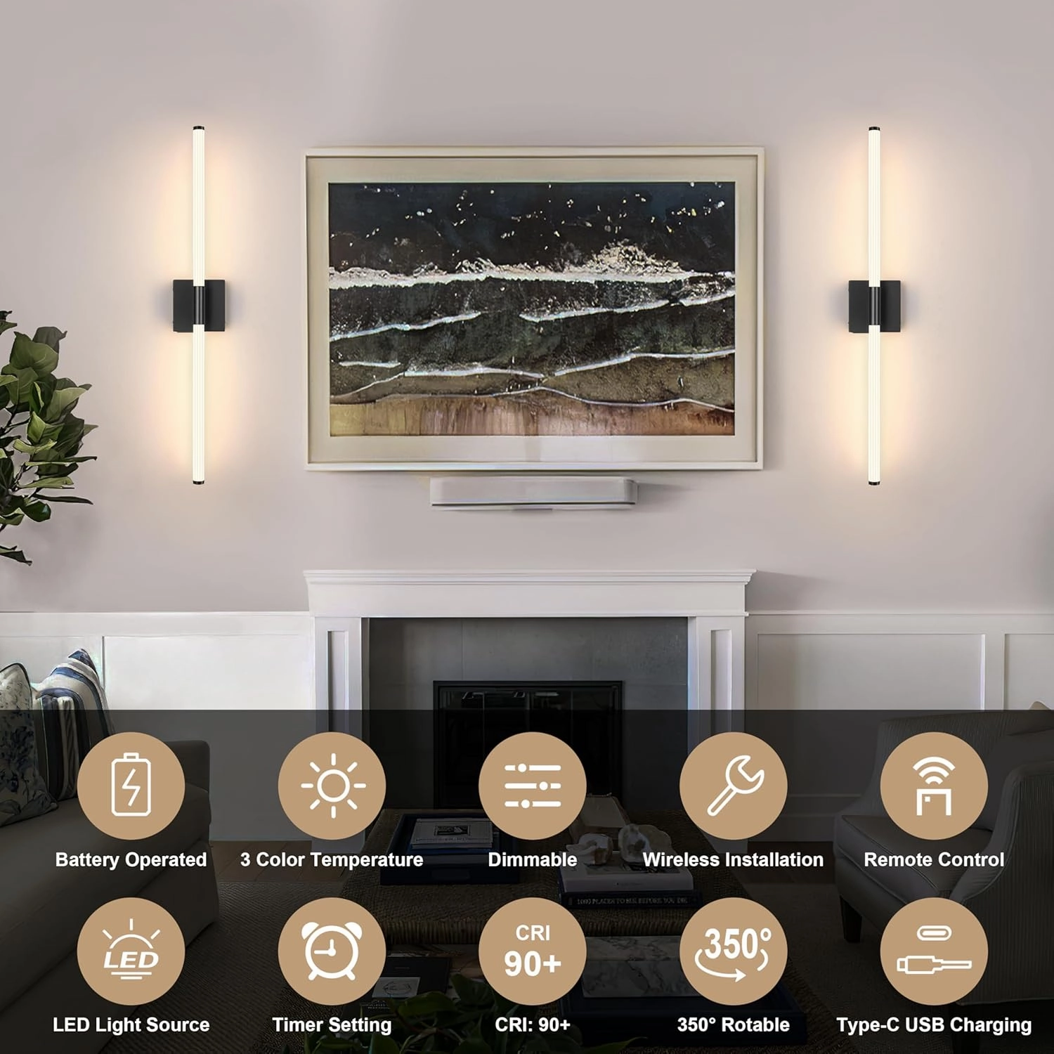 Battery Operated Wall Sconces Set of 2, Rechargeable Wall Light with Remote Control, Dimmable 3 Color LED Wireless Wall Lamp, 360° Full Lighting, Timer & Memory Function, 24" Black