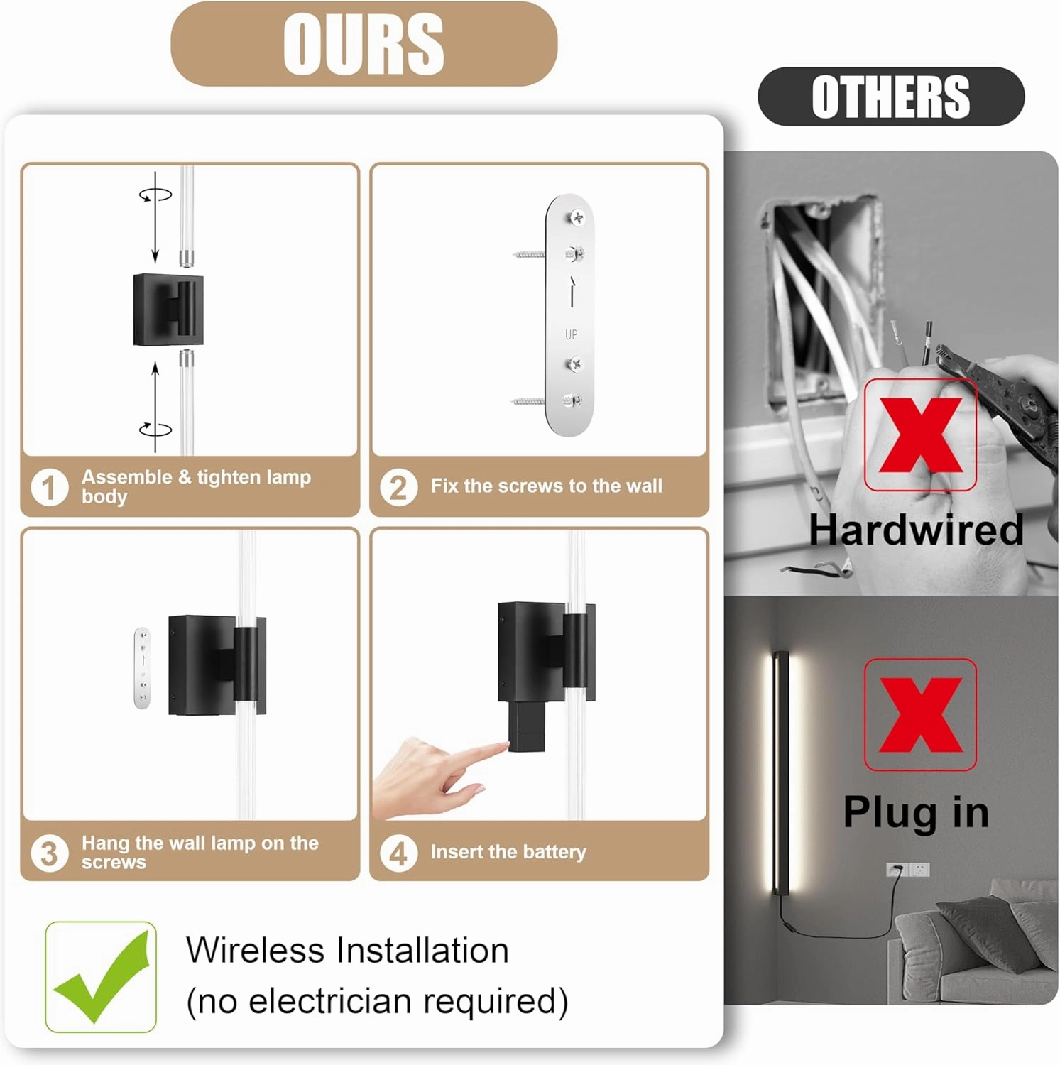 Battery Operated Wall Sconces Set of 2, Rechargeable Wall Light with Remote Control, Dimmable 3 Color LED Wireless Wall Lamp, 360° Full Lighting, Timer & Memory Function, 24" Black