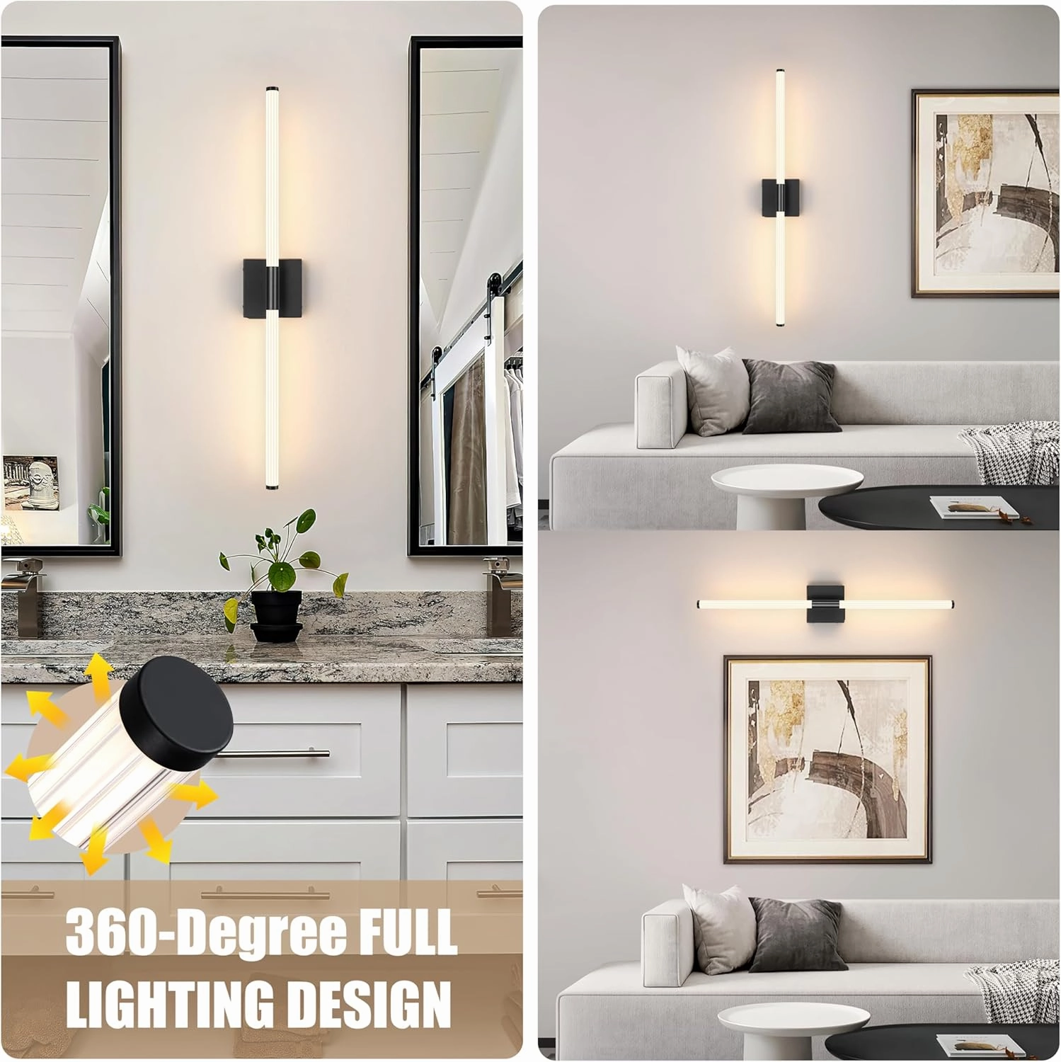 Battery Operated Wall Sconces Set of 2, Rechargeable Wall Light with Remote Control, Dimmable 3 Color LED Wireless Wall Lamp, 360° Full Lighting, Timer & Memory Function, 24" Black