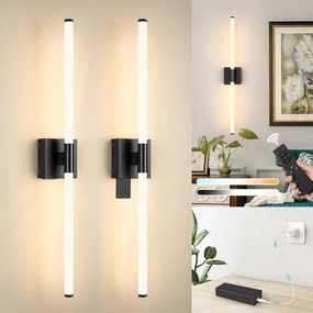 Battery Operated Wall Sconces Set of 2, Rechargeable Wall Light with Remote Control, Dimmable 3 Color LED Wireless Wall Lamp, 360° Full Lighting, Timer & Memory Function, 24" Black