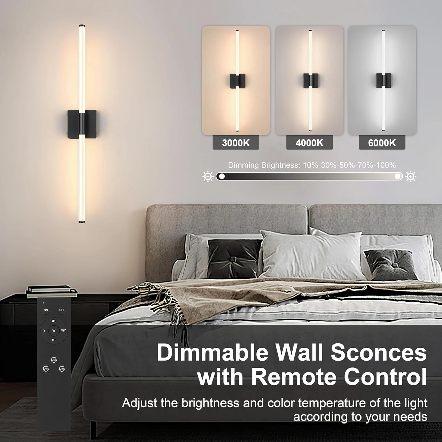 Battery Operated Wall Sconces Set of 2, Rechargeable Wall Light with Remote Control, Dimmable 3 Color LED Wireless Wall Lamp, 360° Full Lighting, Timer & Memory Function, 24" Black