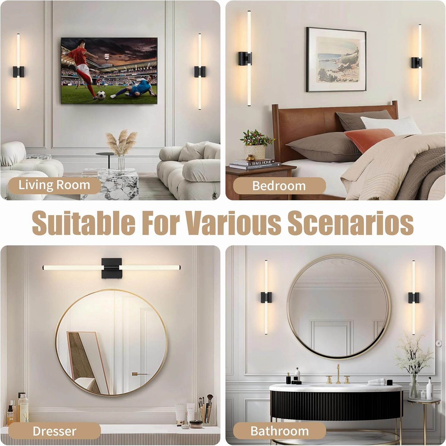 Battery Operated Wall Sconces Set of 2, Rechargeable Wall Light with Remote Control, Dimmable 3 Color LED Wireless Wall Lamp, 360° Full Lighting, Timer & Memory Function, 24" Black