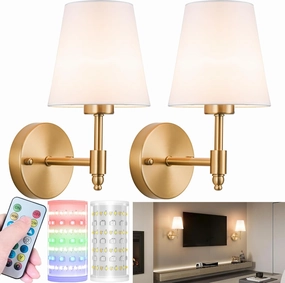 Battery Operated Wall Sconces Set Of Two, Wireless Battery Wall Light With 10000mAh RGB Rechargeable Magnetic Bulb, Rechargeable Wall Sconce With Remote Control For Bedroom, No Electrician Required