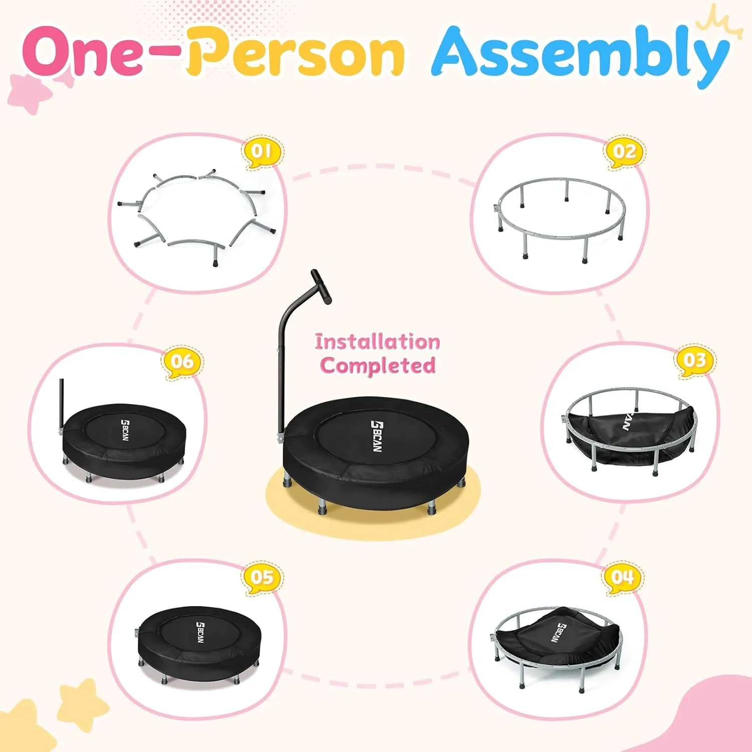 BCAN 36'' Mini Folding Ages 2 to 5 Toddler Trampoline with Handle for Kids, Two Ways to Assemble The Handle, Indoor/Garden Toddlers Trampoline with Super Safe Cover for Toddlers