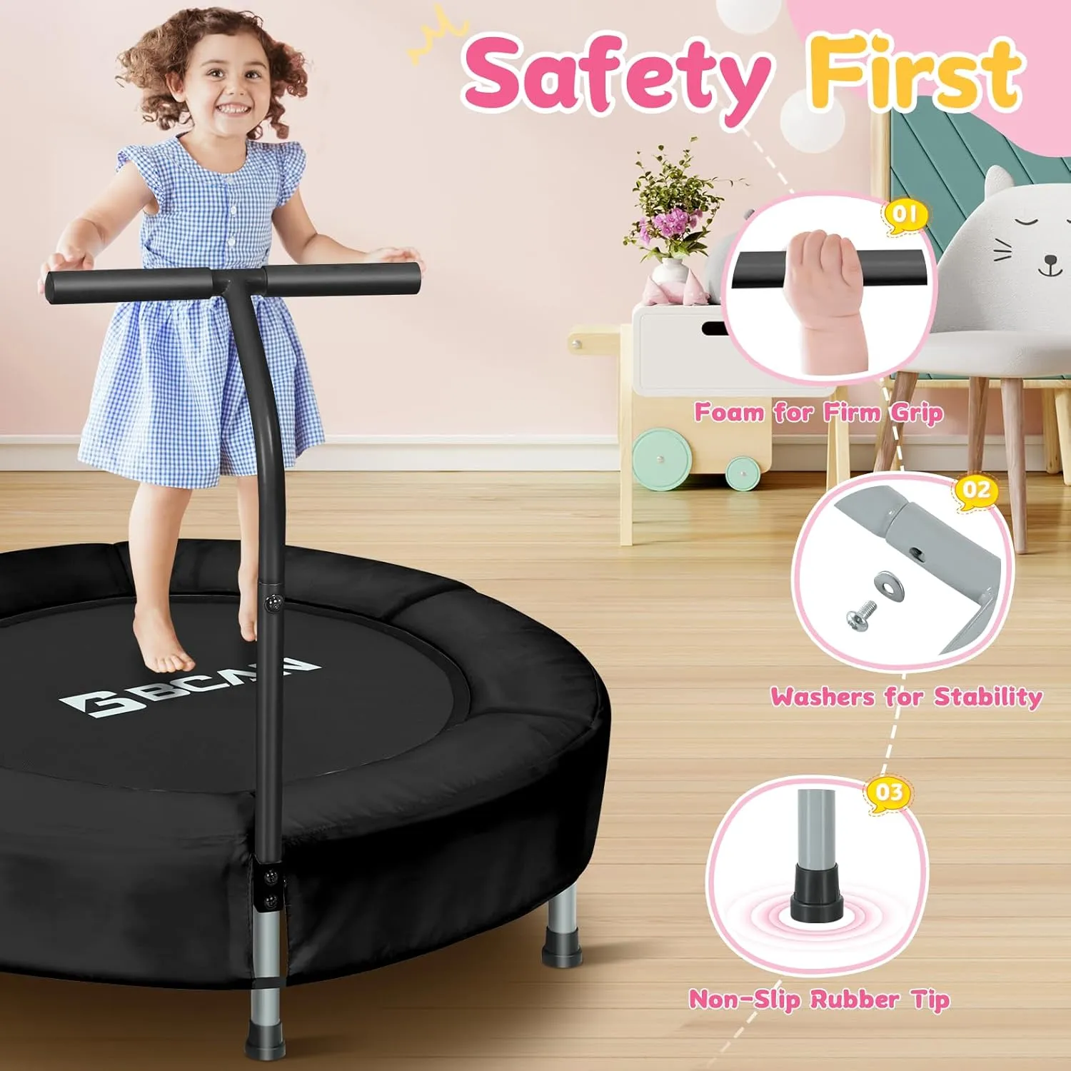 BCAN 36'' Mini Folding Ages 2 to 5 Toddler Trampoline with Handle for Kids, Two Ways to Assemble The Handle, Indoor/Garden Toddlers Trampoline with Super Safe Cover for Toddlers