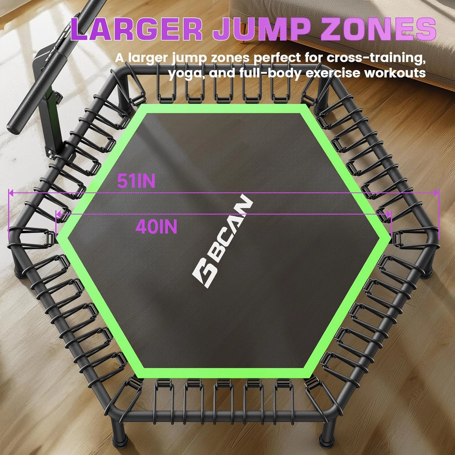 BCAN 51" Mini Hexagon Trampoline, Max Load 450 LBS Fitness Trampoline with T-Adjustable Handle Bar, Silent Bungees, Larger, More Stable, Quieter Exercise Rebounder for Adults Indoor/Garden Workout