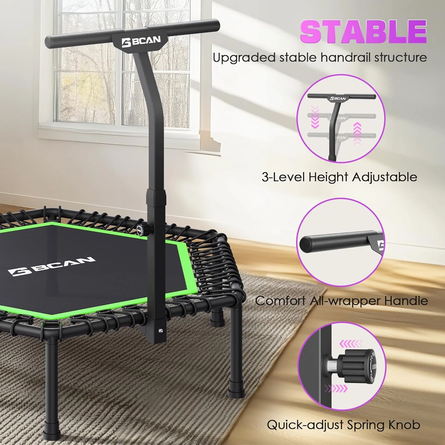 BCAN 51" Mini Hexagon Trampoline, Max Load 450 LBS Fitness Trampoline with T-Adjustable Handle Bar, Silent Bungees, Larger, More Stable, Quieter Exercise Rebounder for Adults Indoor/Garden Workout