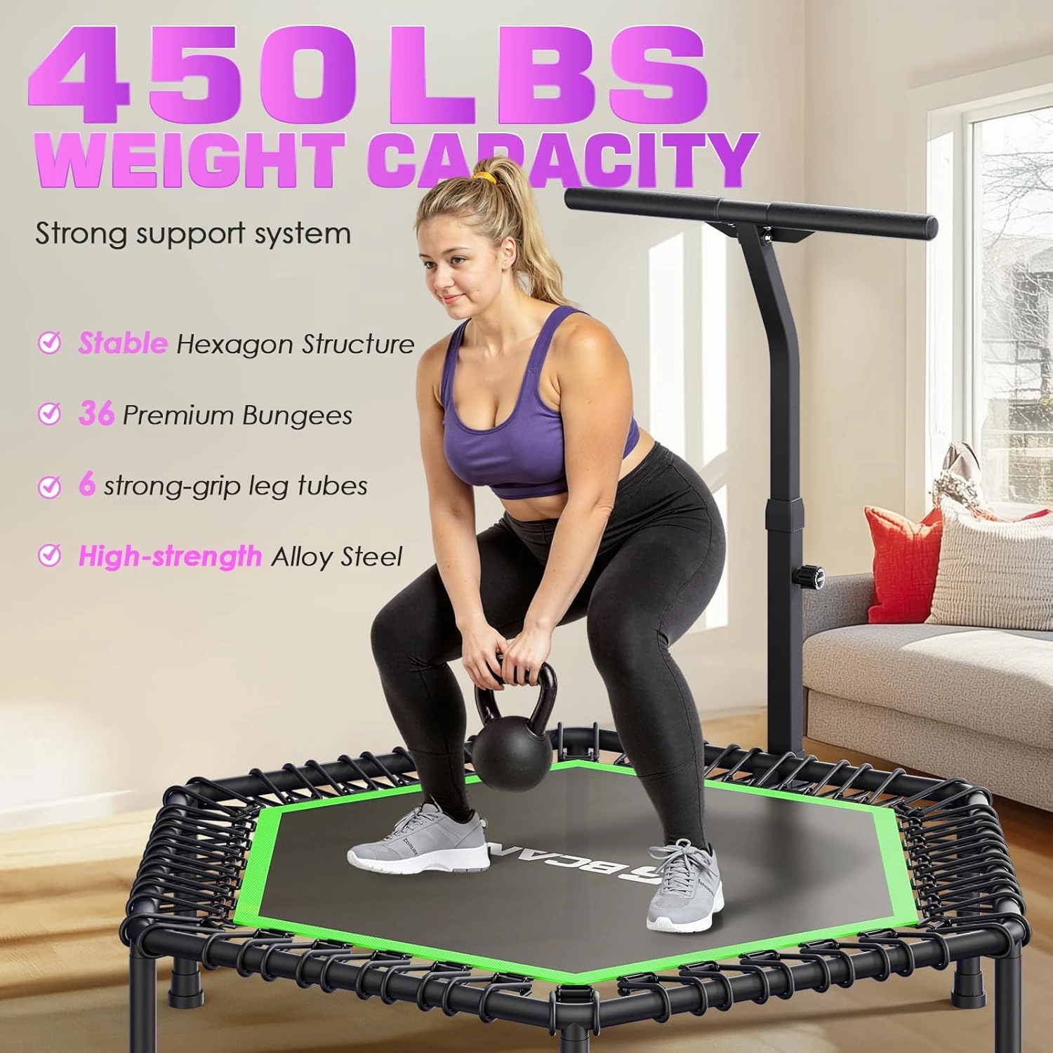BCAN 51" Mini Hexagon Trampoline, Max Load 450 LBS Fitness Trampoline with T-Adjustable Handle Bar, Silent Bungees, Larger, More Stable, Quieter Exercise Rebounder for Adults Indoor/Garden Workout