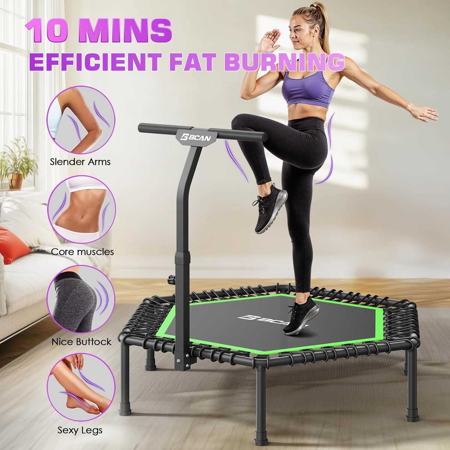 BCAN 51" Mini Hexagon Trampoline, Max Load 450 LBS Fitness Trampoline with T-Adjustable Handle Bar, Silent Bungees, Larger, More Stable, Quieter Exercise Rebounder for Adults Indoor/Garden Workout