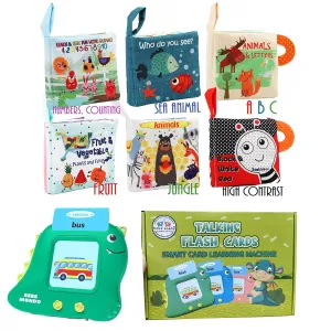 bebe mondo 6Pcs Baby Books Crinkle Toys & Dinosaur Talking Flash Cards Montessori Learning Toys for Toddlers