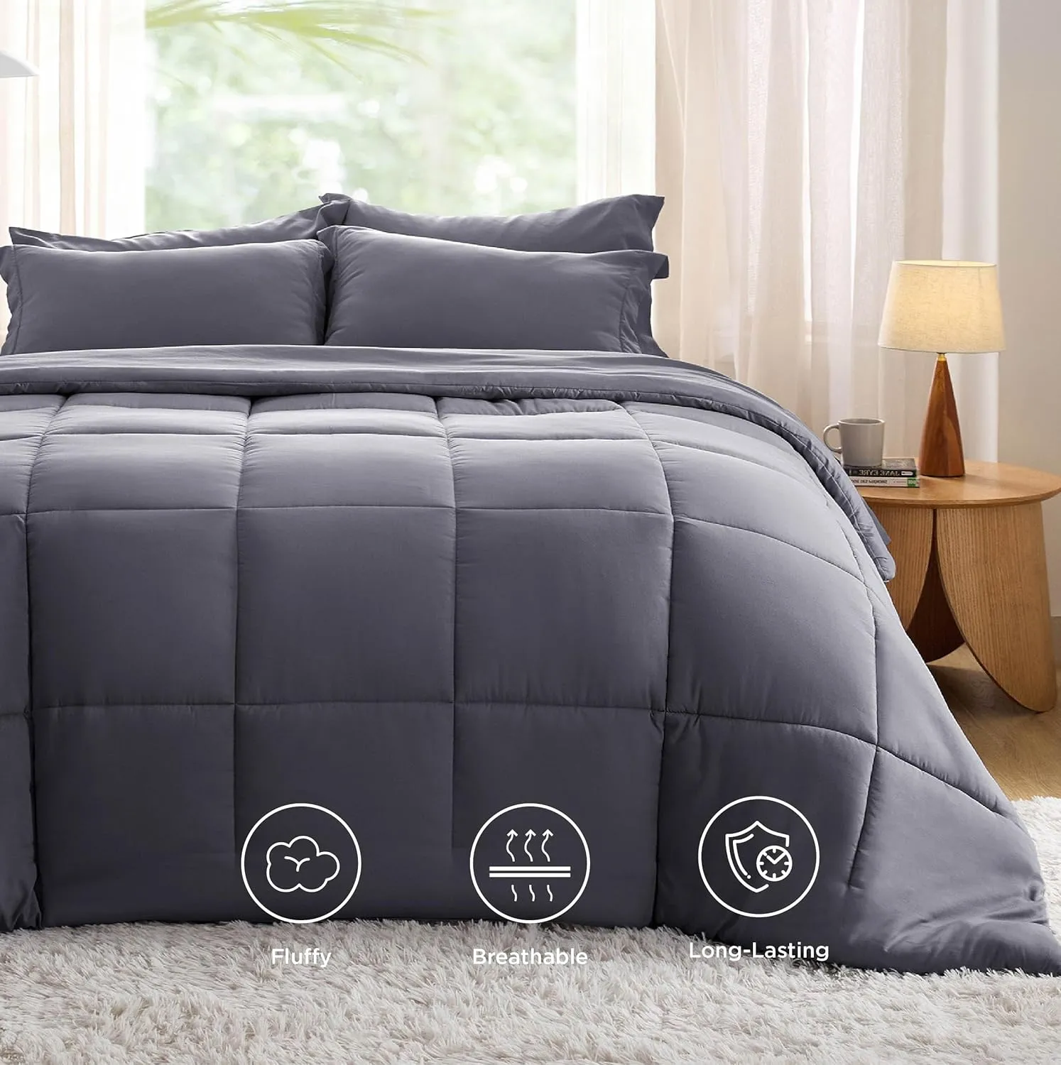 Bedsure Dark Grey Comforter Set Full - 7 Pieces Solid Bed in a Bag, Full Bed Set with Comforter, Sheets, Pillowcases & Shams