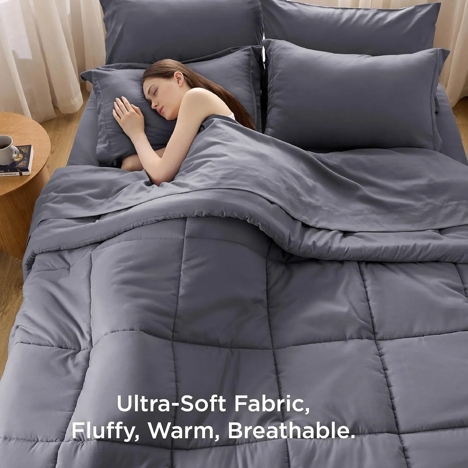 Bedsure Dark Grey Comforter Set Full - 7 Pieces Solid Bed in a Bag, Full Bed Set with Comforter, Sheets, Pillowcases & Shams