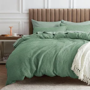 Bedsure Waffle Comforter Set Queen, Green Soft Cotton Bedding, Waffle Weave Bed Set, 3 Pieces, 1 Comforter (90"x90") and 2 Pillow Shams, Premium Cotton Cover with Polyester Fill for All Seasons